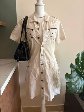 Vintage Cream Button-Front Utility Shirt Dress